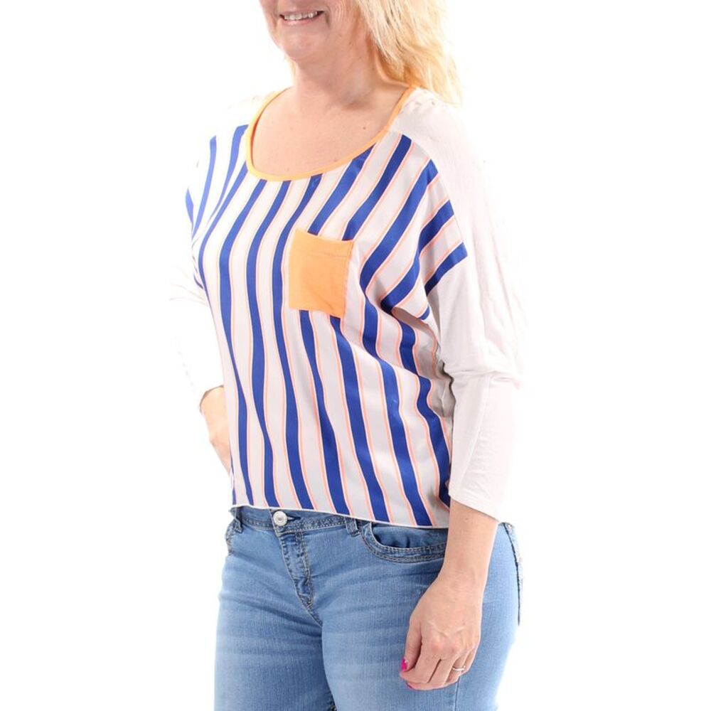 STYLEBOOK Womens White Pocketed Striped Long Sleeve Jewel Neck Top Size: L